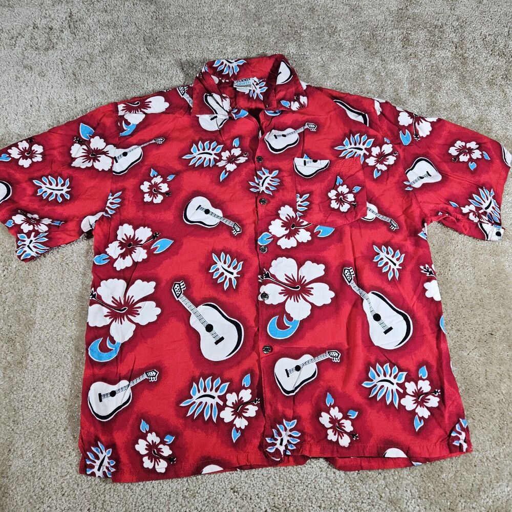 Jammin Shirts Hawaiian Shirt Men's Size XL Button down Guitars flowers Red AOP